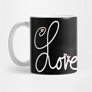 Cursive Written Word Love with Red Hearts Mug